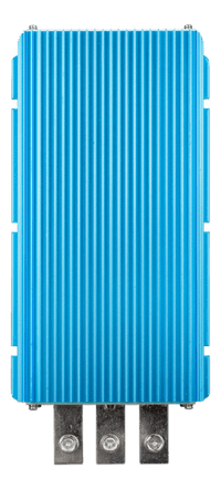 Top view of a blue Victron Orion IP67 12V to 24V DC-DC converter with ribbed aluminium heat sink