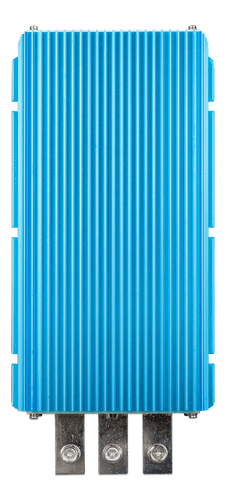 Top-down view of blue finned aluminium DC-DC converter with terminal lugs at the base