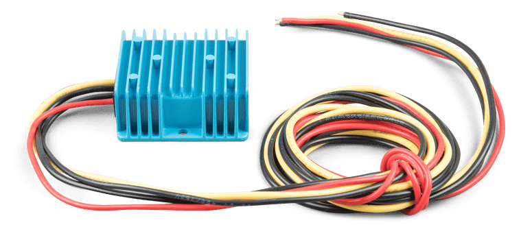 Angled view of the blue aluminium IP67 Victron Orion converter showing 1.8m input and output wiring