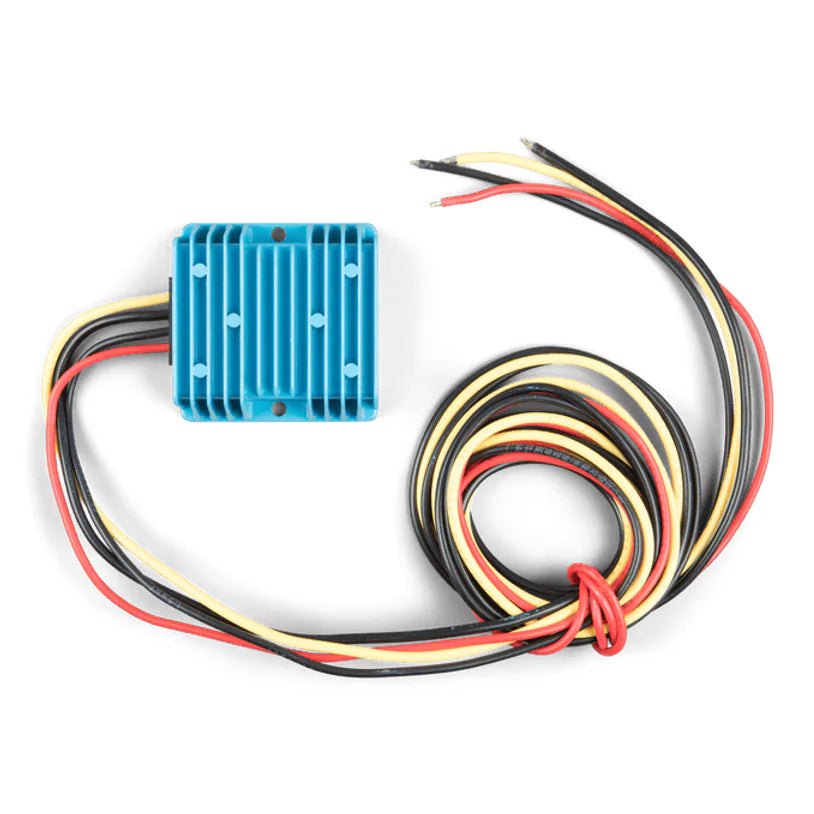 Top-down view of Victron Orion 24/12-10A IP67 DC-DC converter with integrated cooling fins and pre-wired cables