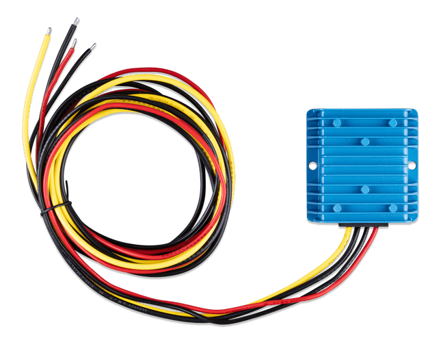Top-down view of blue Victron Orion IP67 24/12-20 DC-DC converter with coiled cables