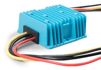 Close-up of the cable entry point on the blue aluminium casing of the Victron Orion DC-DC converter