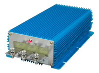 Perspective view of blue finned DC-DC converter showing input and output terminals and status LED