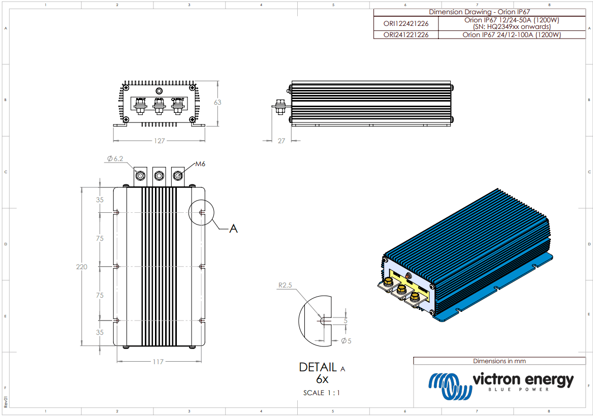 Technical dimensional drawing of the Orion IP67 DC-DC converter showing measurements in millimetres