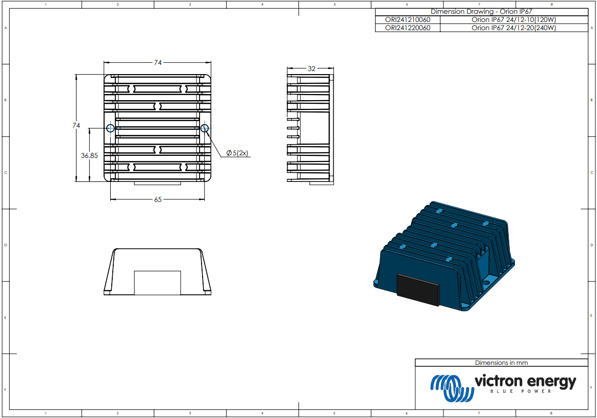 Dimensional technical drawing of the Victron Orion IP67 converter showing 74mm by 74mm by 32mm measurements