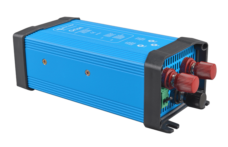 Perspective view of the blue Orion 24V to 12V DC-DC converter with mounting flanges