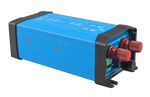 Perspective view of the blue Orion 24V to 12V DC-DC converter with mounting flanges
