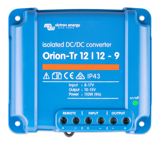 Front view of blue Victron Orion-Tr 12/12-9 isolated DC-DC converter showing technical labels