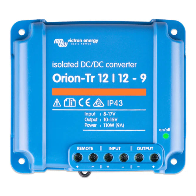 Front view of blue Victron Orion-Tr 12/12-9 isolated DC-DC converter showing technical labels
