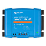 Front view of the blue Victron Orion-Tr 12 to 24V isolated DC-DC converter with terminal markings