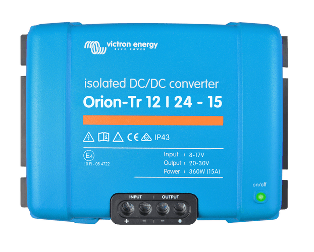 Top view of blue Victron Orion-Tr 12/24-15 isolated DC-DC converter
