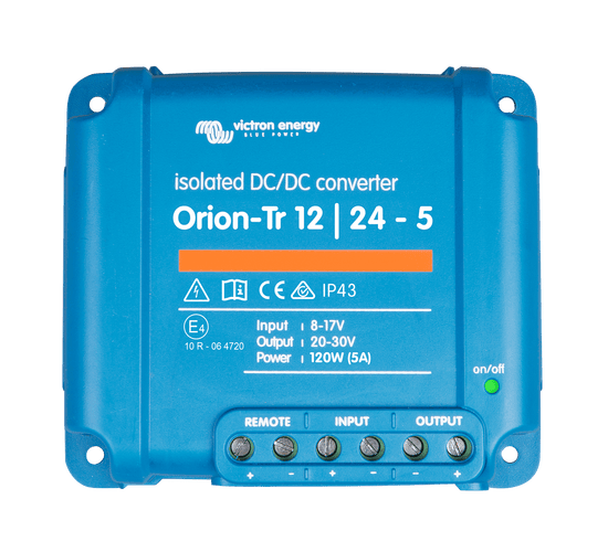 Top-down view of blue Victron Orion-Tr 12V to 24V isolated DC-DC converter with screw terminals
