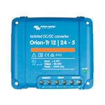 Top-down view of blue Victron Orion-Tr 12V to 24V isolated DC-DC converter with screw terminals