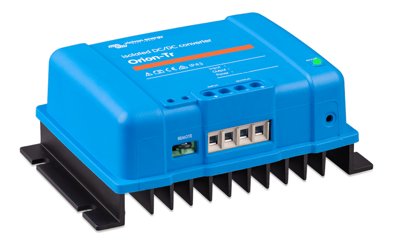 Angled view of blue Victron DC-DC converter enclosure with mounting flanges