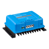 Angled view of blue Victron DC-DC converter enclosure with mounting flanges