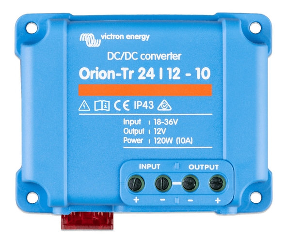 Front view of Victron Orion-Tr 24/12-10 DC-DC converter showing terminal markings
