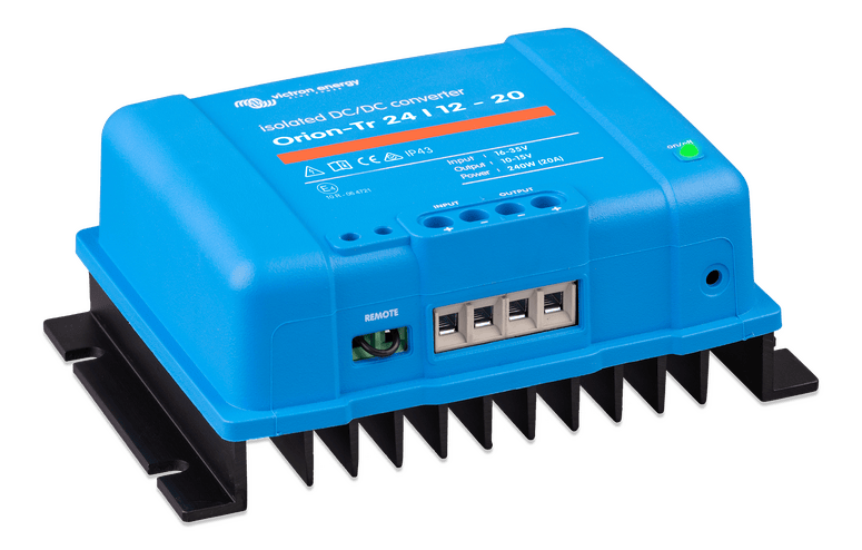 Left side angled view of the Victron Orion-Tr isolated converter showing remote port and fins