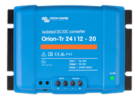 Blue Victron Orion-Tr 24/12-20 isolated DC-DC converter front view with terminal cover