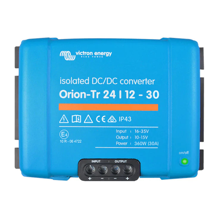 Victron Orion-Tr 24/12-30 isolated DC-DC converter with blue casing and screw terminals