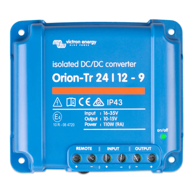 Top view of Victron Orion-Tr 24/12-9A isolated DC-DC converter with blue casing