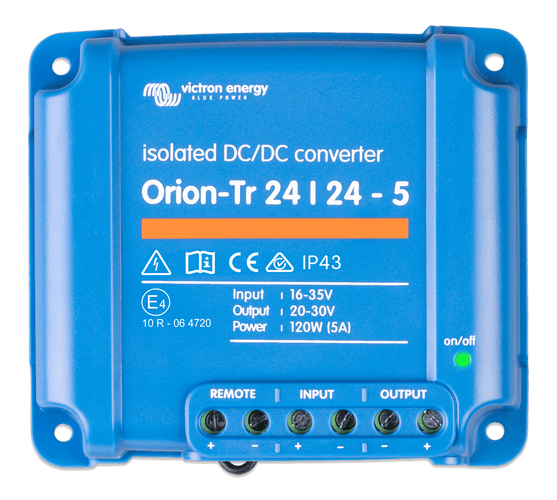 Front view of Victron Orion-Tr 24/24-5A isolated DC-DC converter with IP43 rating and status LED