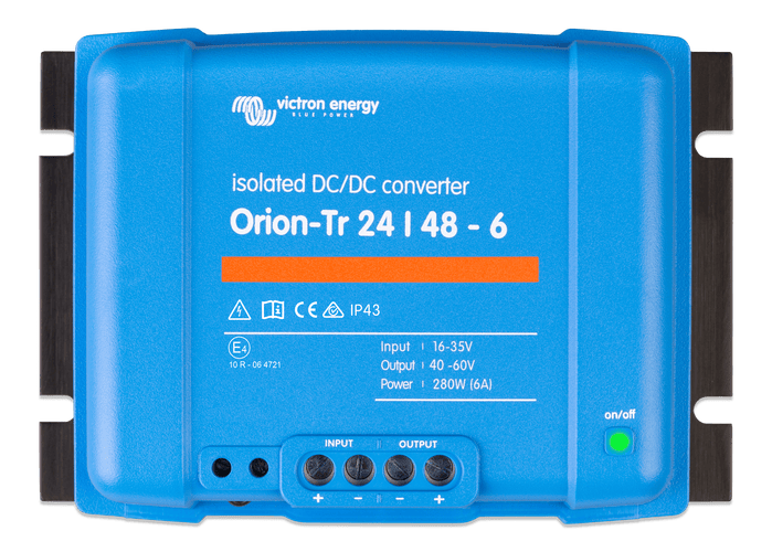 Front view of blue Victron Orion-Tr 24/48-6 isolated DC-DC converter with screw terminals