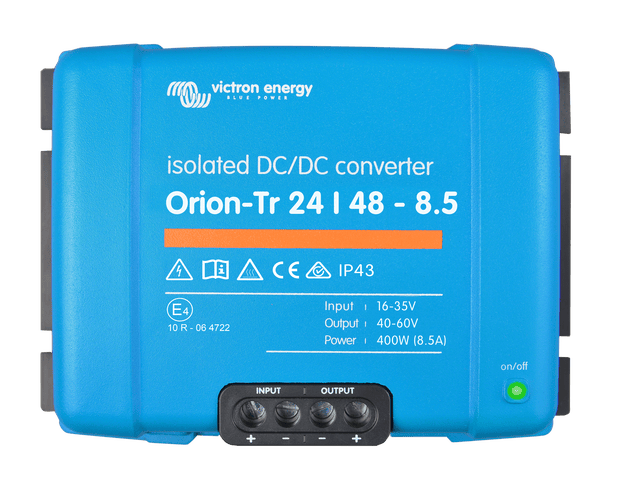 Blue Victron Orion-Tr 24/48-8.5 isolated DC-DC converter front view
