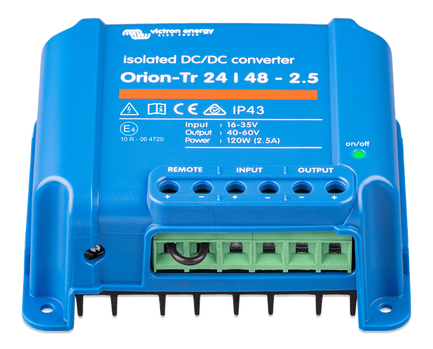 Angled view of blue DC-DC converter showing terminal block and green status LED