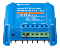Angled view of blue DC-DC converter showing terminal block and green status LED