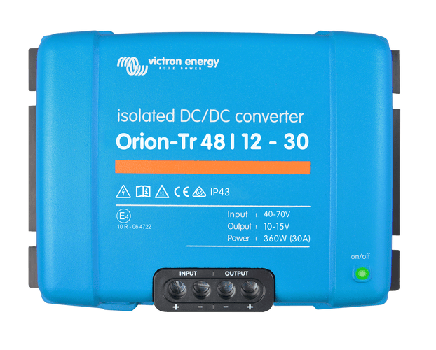 Front view of Victron Orion-Tr 48/12-30 isolated DC-DC converter with clear interface labelling