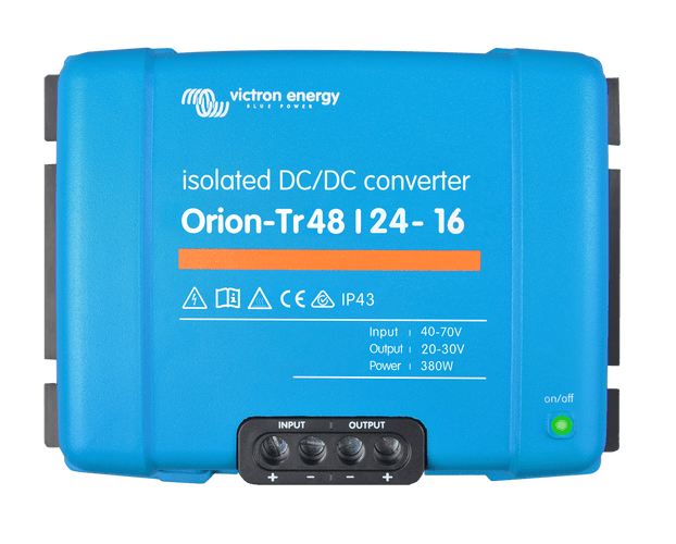 Top-down view of Victron Orion-Tr 48/24-16 isolated DC-DC converter with clear terminal markings
