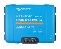 Top-down view of Victron Orion-Tr 48/24-16 isolated DC-DC converter with clear terminal markings
