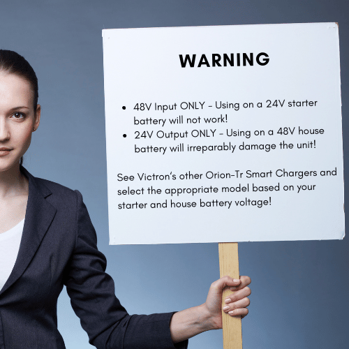 Safety warning graphic for Victron 48V to 24V Orion-Tr charger voltage requirements