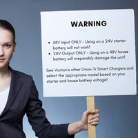 Safety warning graphic for Victron 48V to 24V Orion-Tr charger voltage requirements