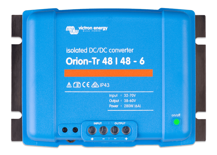Front view of blue Victron Orion-Tr 48/48-6 isolated DC-DC converter with screw terminals