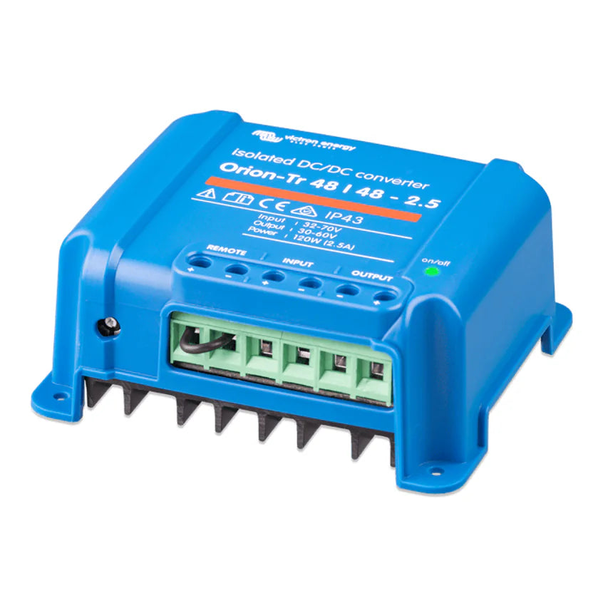 Side perspective of the blue Victron Orion-Tr 48V 120W DC-DC converter