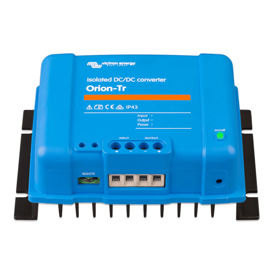 Front angled view of Victron 12V DC-DC converter showing terminal block and remote port