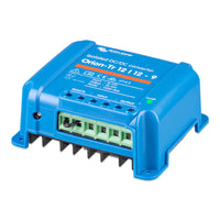 Angled view of blue DC-DC converter showing green screw terminals and cooling fins