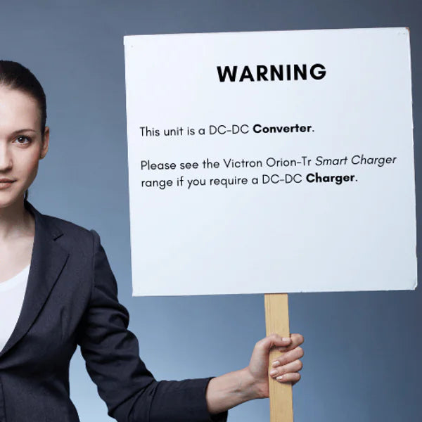 Warning sign clarifying this unit is a DC-DC converter, not a battery charger