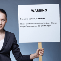Informational graphic warning that this product is a DC-DC converter and not a battery charger