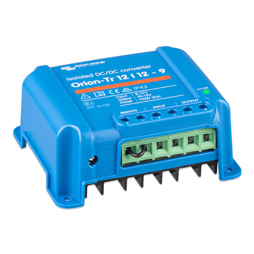 Side perspective of Victron Orion-Tr converter with casing detail and mounting holes