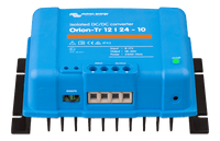 Angled bottom view of the Victron Orion-Tr converter showing input and output screw terminals