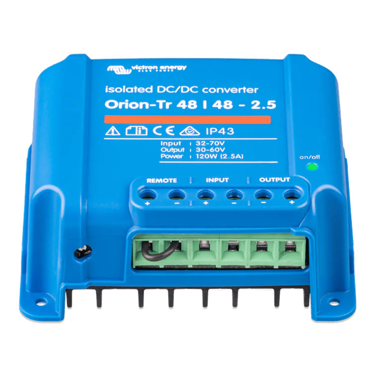 Angled view of isolated converter showing green terminal blocks and cooling fins