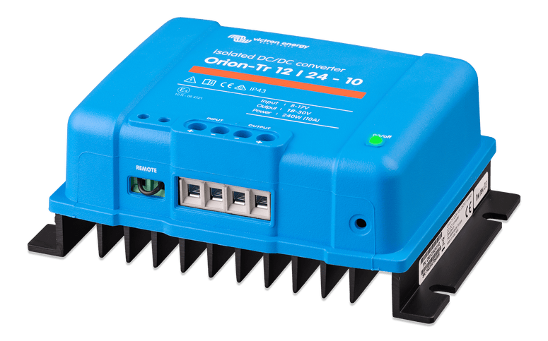 Side view of Victron isolated DC-DC converter highlighting the black aluminium heat sink base