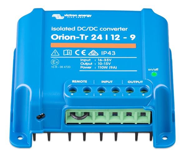 Angled view of Victron 24V to 12V converter showing input and output terminal blocks