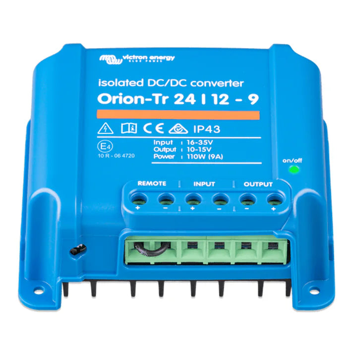 Angled view of Victron 24V to 12V converter showing input and output terminal blocks
