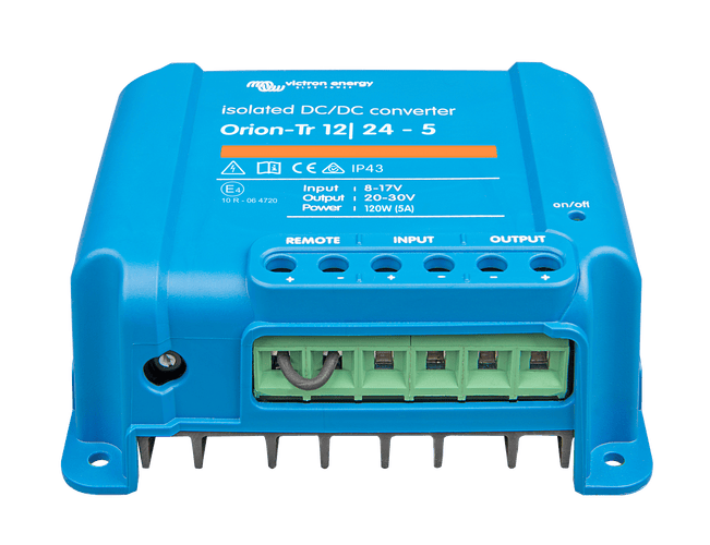 Angled front view of blue Victron DC-DC converter showing the green terminal block and cooling fins