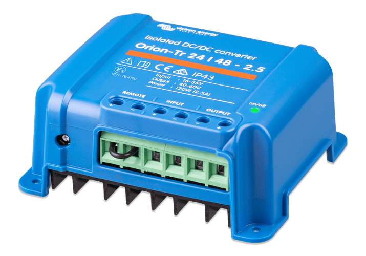 Side view of blue isolated converter showing integrated cooling fins and mounting flange