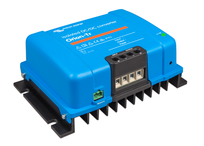 Side perspective of the isolated converter showing the remote on-off connector and mounting tabs