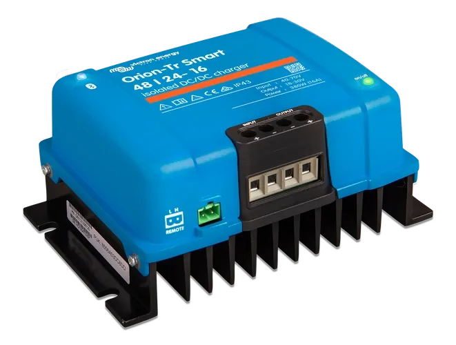 Perspective view of blue Victron charger showing the remote on/off port and side heat sink